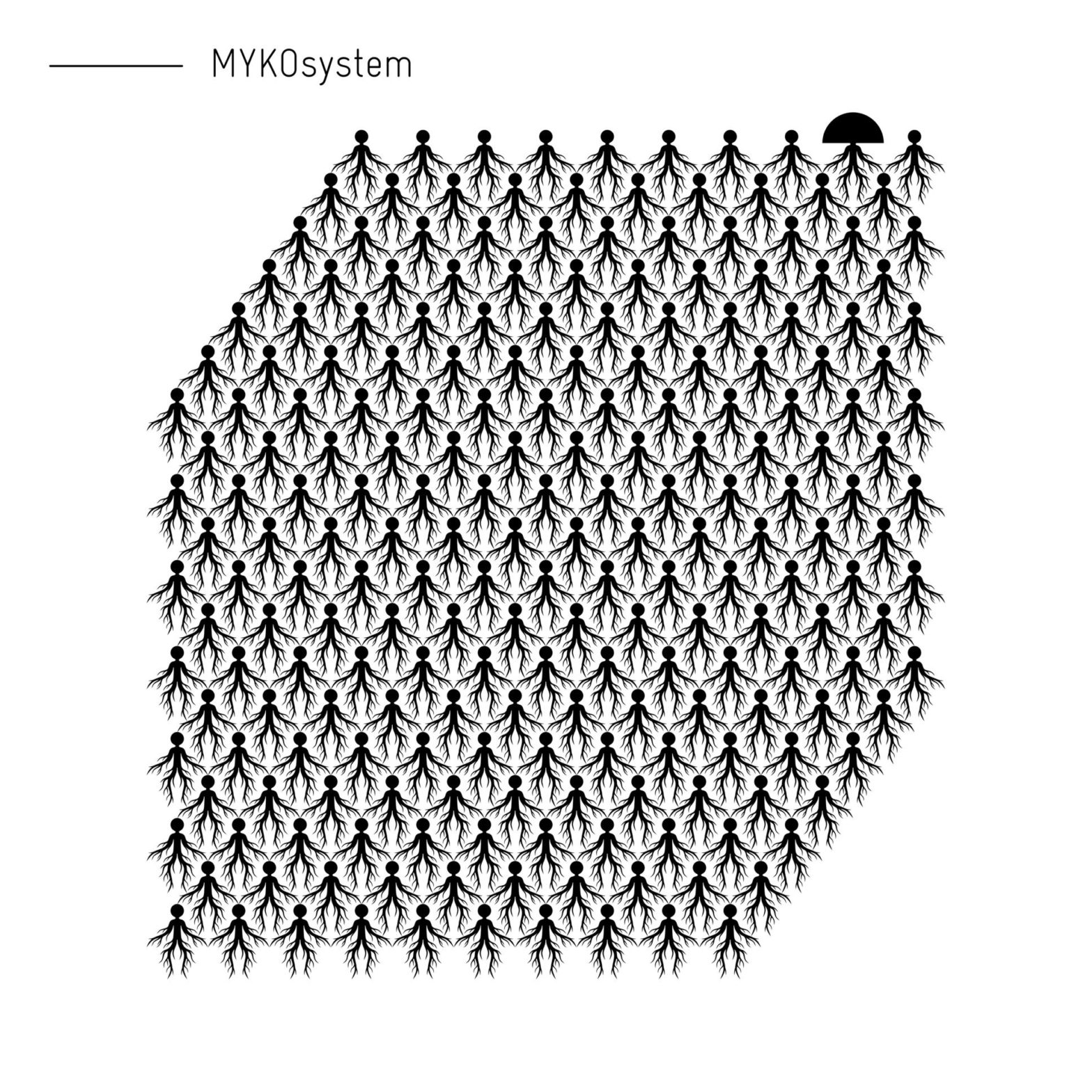Grafika przedstawia czarne korzenie drzew w kształcie ludzi, z ludzkimi głowami. Kształty ułożone są tak, że tworzą prostopadłościan, nad nim znajduje się napis: „MYKOsystem”