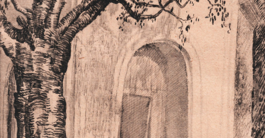 Szkic przedstawia budynek z otwartymi drzwiami, obok niego znajduje się drzewo.