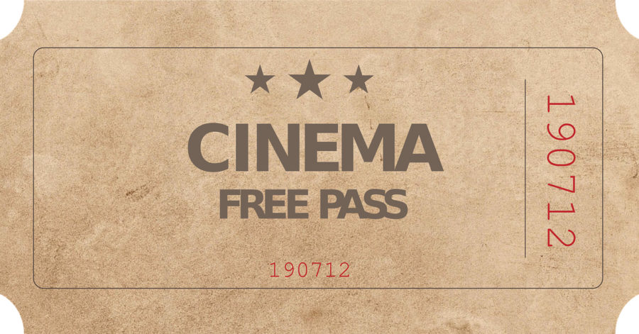 Pożółkły bilet z napisem: „Cinema, free pass”.