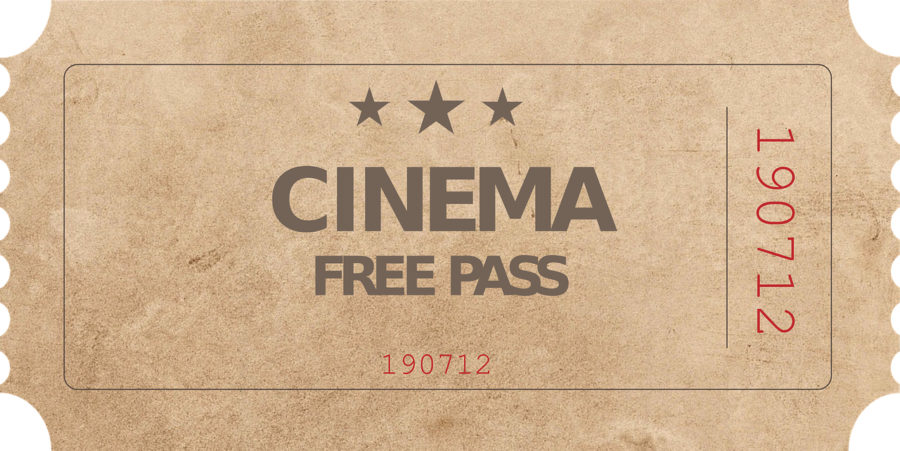 Pożółkły bilet z napisem: „Cinema, free pass”.