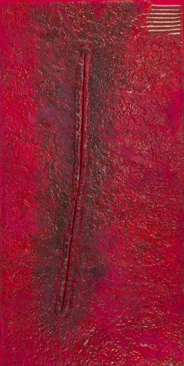Chropowaty czerwony materiał w różnych odcieniach, na jego środku znajduje się kreska, wokół której znajduje się zgrubienie materiału.