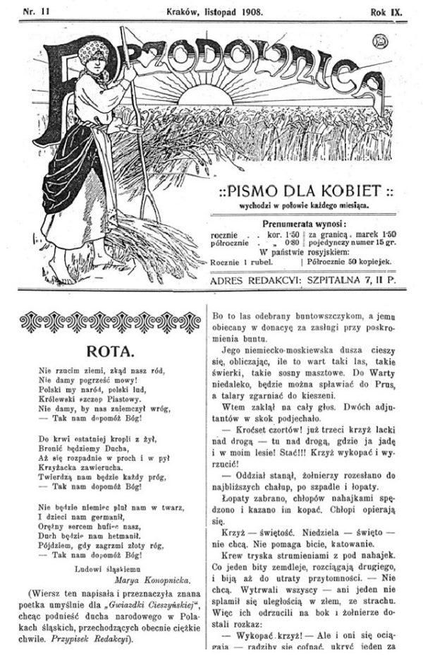 Pierwsza strona miesięcznika Przodownica, na której znajduje się wydrukowana „Rota” Marii Konopnickiej.
