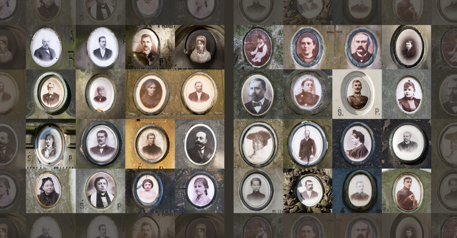 Kolarz stworzony ze zdjęć portretów na nagrobkach.