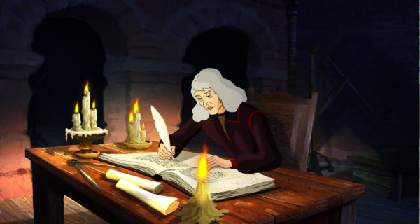 Uczony zapisuje coś piórem w dużym zeszycie, siedzi przy stole, oświetlonym jedynie kilkoma świecami.
