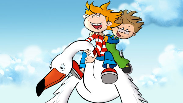 Dwóch chłopców leci na dużym białym ptaku.
