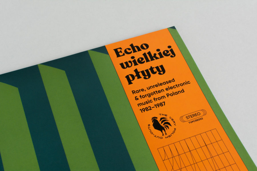 Zbliżenie na pełny tytuł płyty na okładce, którzy brzmi: "Echo wielkiej płyty. Rare, unreleased & forgotten electronic music from Poland 1982-1987".